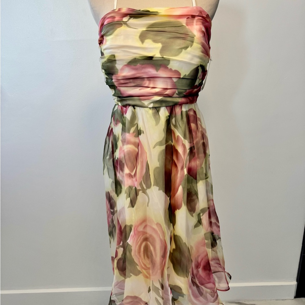 Donna Ricco Pink and Orange Ruched Strapless Sundress